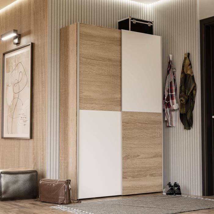 Multifunctional 2-door sliding wardrobe - White and light oak - W120 x D41.6 x H190.5 cm - OZZULA