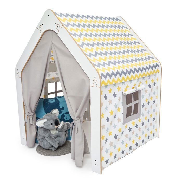 Cozy Kids - Casetta da gioco per bambini in legno bianco con tenda in tessuto - Casetta da gioco Montessori per interni