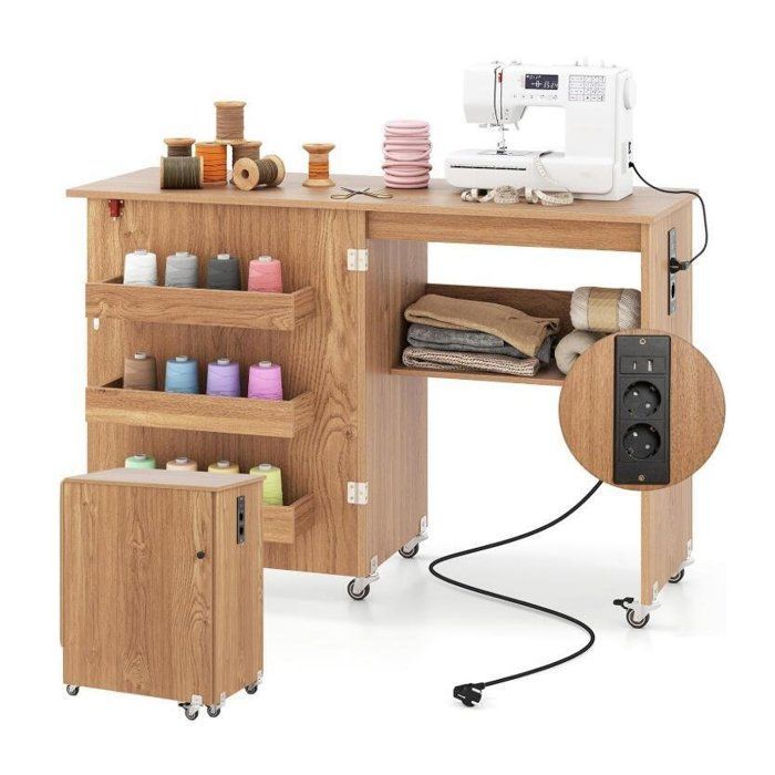 Opklapbare naaitafel -RELAX4LIFE- Geïntegreerd oplaadstation - Groot tafelblad - 3 vakken - Opbergplank - Natuurlijk