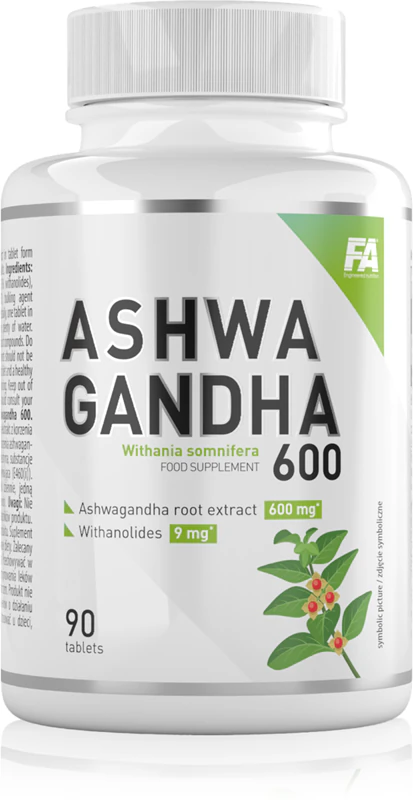 Comprimidos de suplemento alimentar Ashwagandha da Fitness Authority para auxiliar na saúde física e mental.