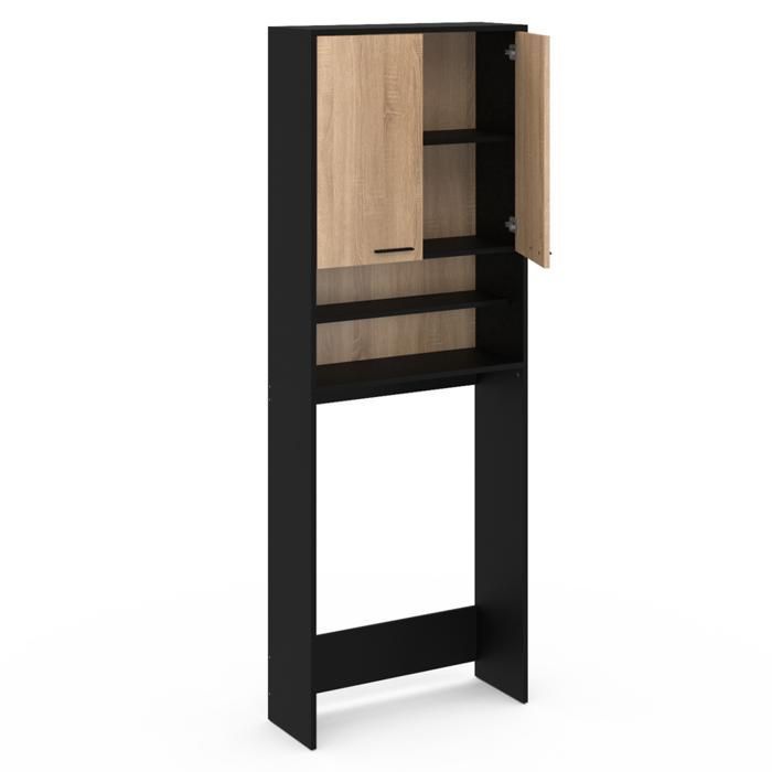IDMARKET WALLIS black and beech-effect wood storage unit above washing machine and toilet