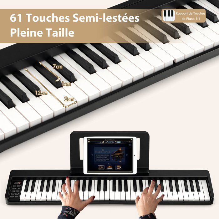 Teclado musical electrónico COSTWAY de 61 teclas semipesadas, plegable, Bluetooth, aplicación, MIDI, pantalla LCD, atril, pedal de sustain, bolsa de transporte.