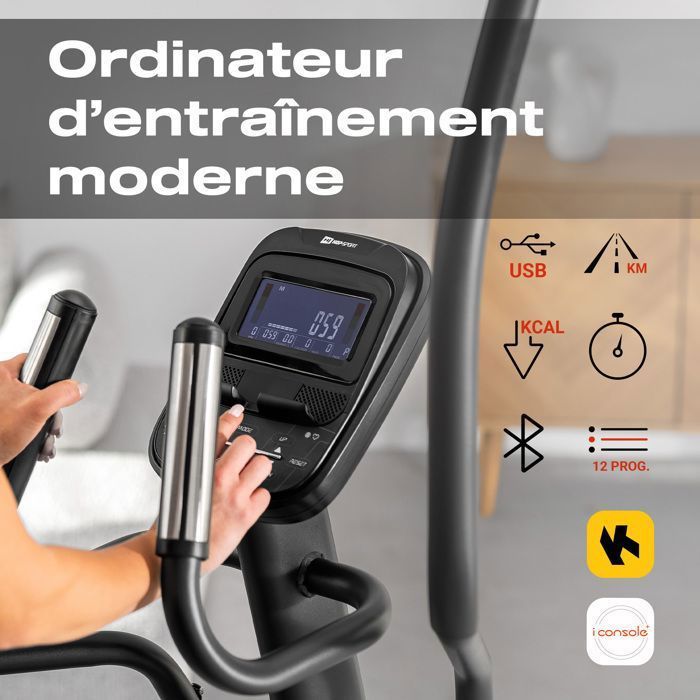 Aparelho elíptico dobrável Hop-Sport HS-095CF Prizm, volante de 30 kg, peso máximo do usuário de 135 kg, iConsole+Training, cinza
