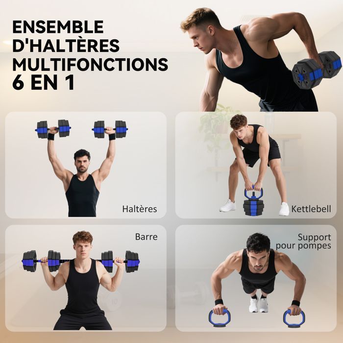 Gewichtheber-Hantelset – SPORTNOW – 6-in-1 – 25 kg – Kurzhantel, Kettlebell, Langhantel, Liegestützgriff – blau