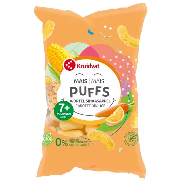Kruidvat 7+M Organski kukuruzni lisnatići s narančom i mrkvom<br>50g