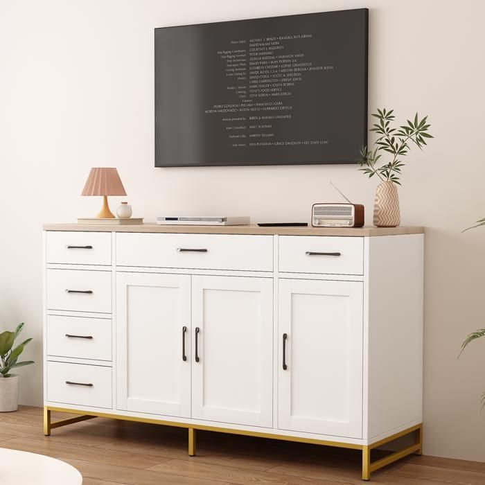 Buffet Cuisine Meuble de Rangement-140x40x80 CM-étagères réglables-Buffet Salon avec 4 Portes 6 Tiroirs-pour Salon,Salle à Manger