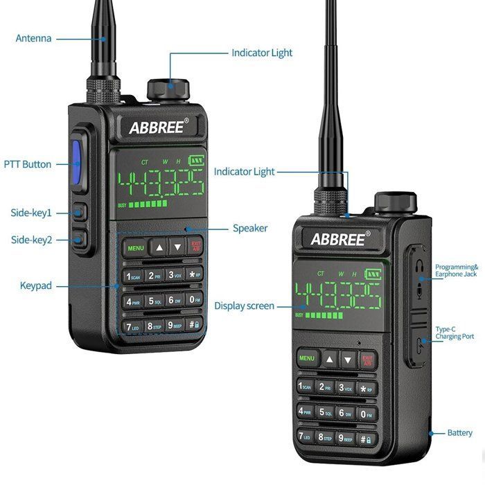 Walkie-talkie Abbree AR-518 - Radio de doble banda de 128 canales con pantalla LCD a color, función de emergencia DTMF SOS, color naranja.