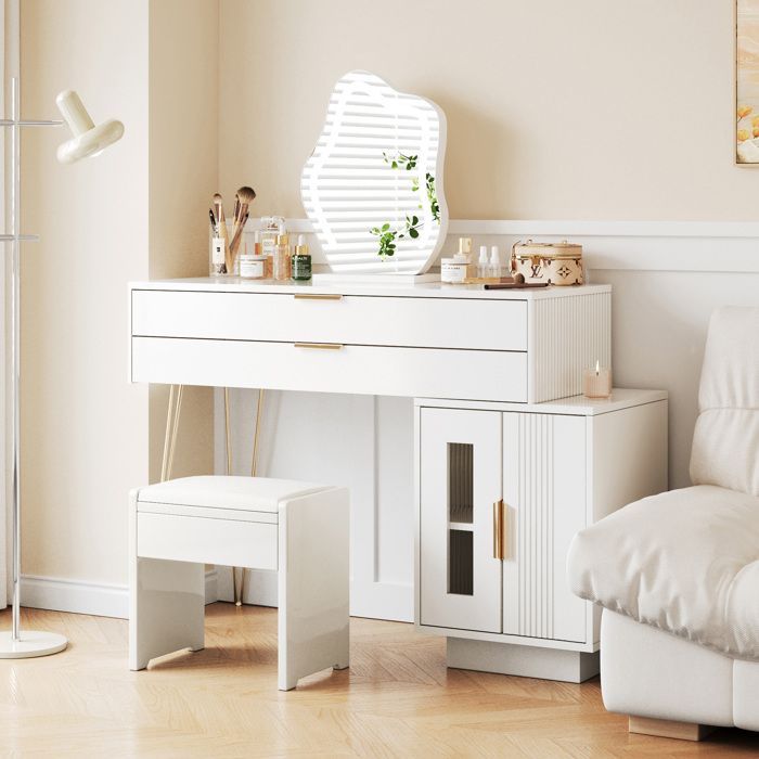 Tavolo da trucco Lemonbest con specchio a LED 100 x 40 x 78 cm, tavolo da trucco moderno con 2 cassetti e 2 ante - Bianco