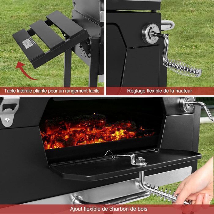 Barbacoa de carbón con tapa, carrito, bandeja de carbón ajustable, 2 estantes laterales, color negro.