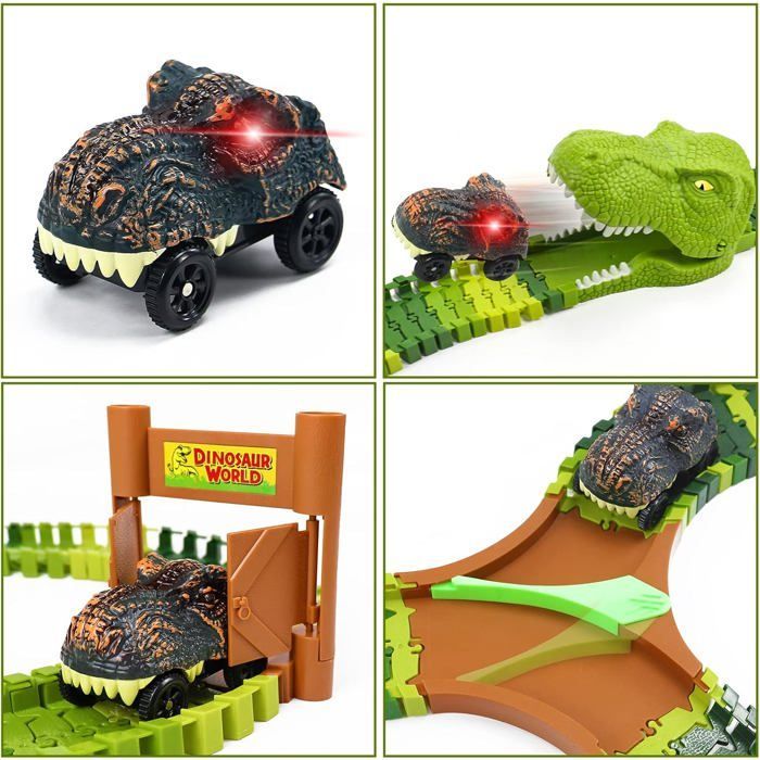 Circuit Voiture Enfant - BLEOSAN - Circuit Voiture Enfant Dinosaure - 144 pièces - 14 dinosaures - Voitures LED
