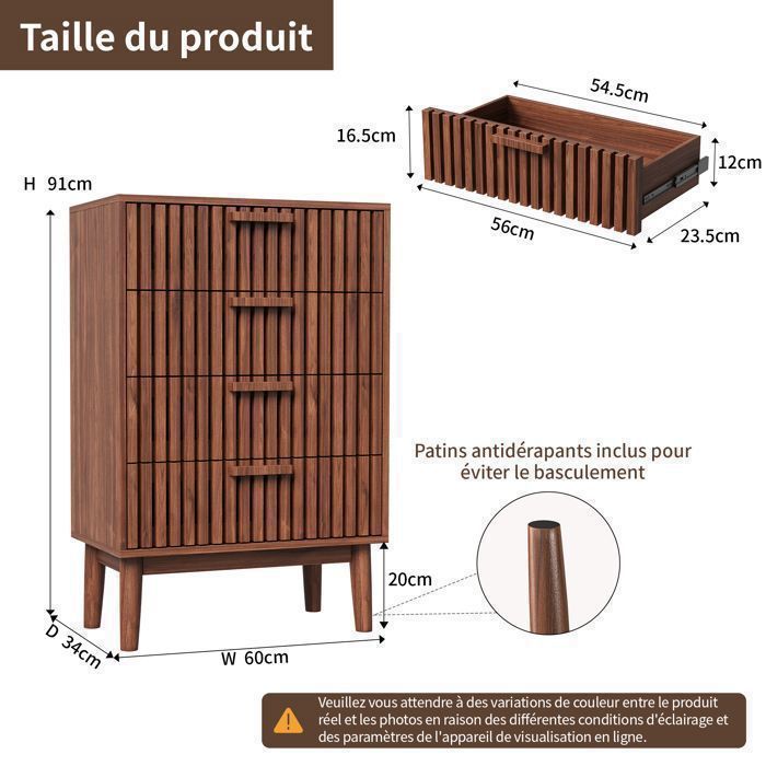 Cómoda de 4 cajones, 60x34x91cm, mueble de almacenamiento de madera para salón, dormitorio y pasillo, madera de nogal.