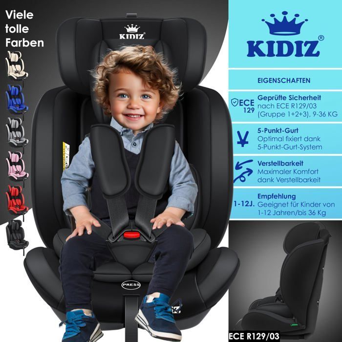 Seggiolino auto KIDIZ® per bambini e neonati da 9 a 36 kg, gruppo 1+2+3, cintura di sicurezza a 5 punti, poggiatesta regolabile e convertibile, nero.