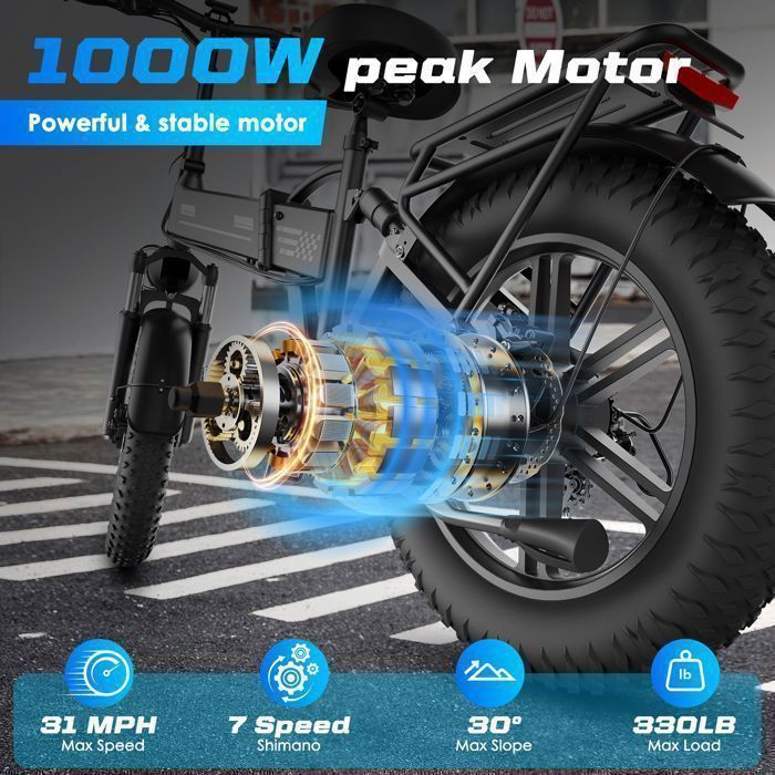 Vélo électrique 1000W-48V 15Ah-50km/h-Vtt électrique adulte 20