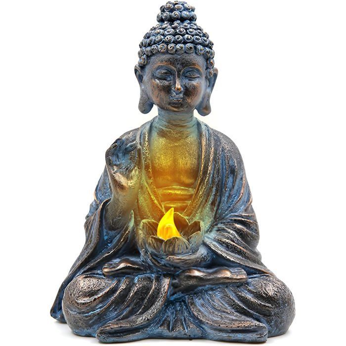 Buda de jardín con luces LED en forma de loto, estatua zen de resina, decoración para patio, terraza o alféizar de la ventana.