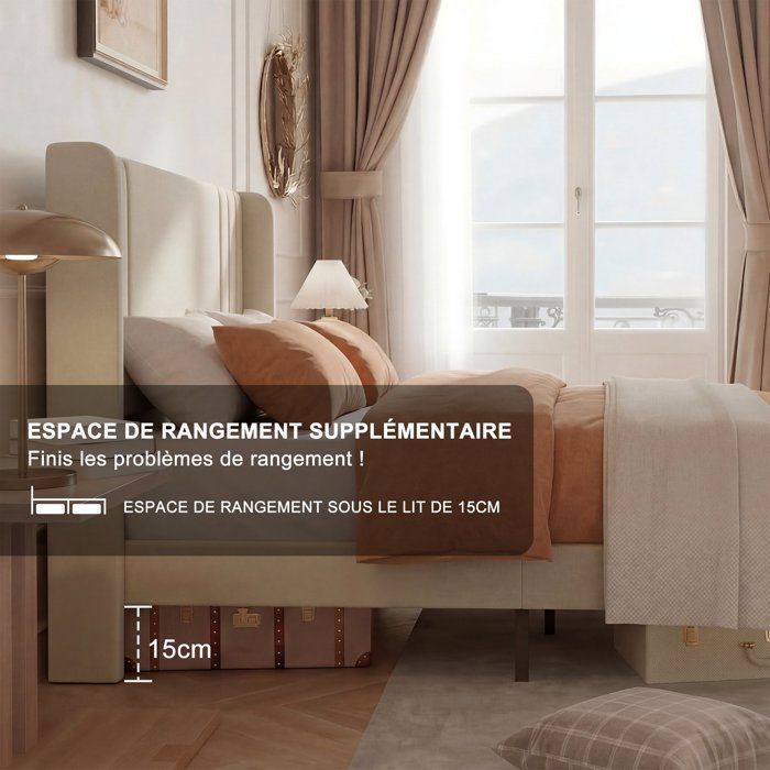 Volwassenenbed 140x200 cm, tweepersoonsbed met houten lattenbodem, gestoffeerd bedframe met lattenbodem en hoofdeinde, beige linnen