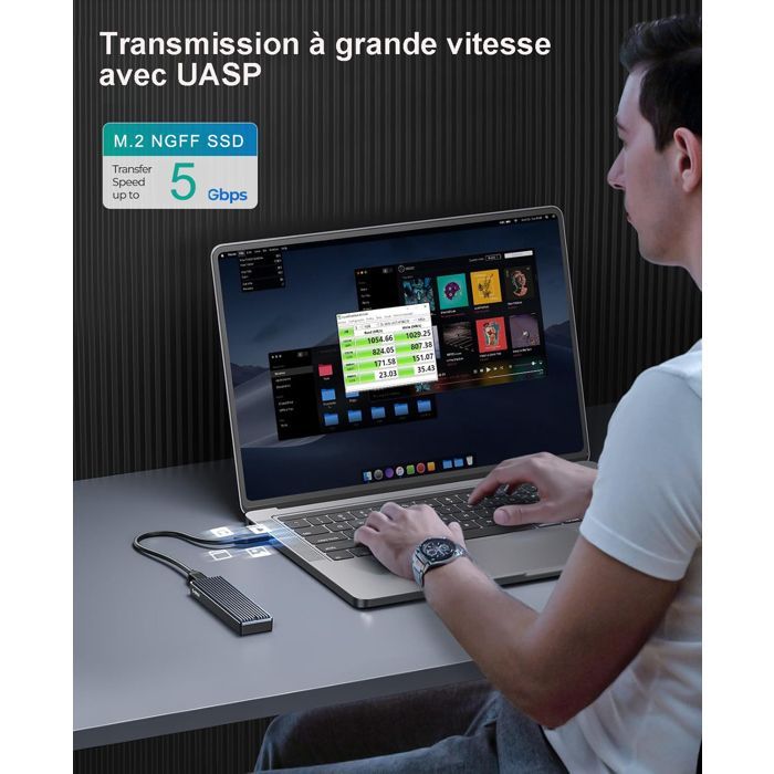 Disque Dur Externe - Boîtier Disque Dur, Boîtier SSD M.2 NGFF, 5Gbps, USB3.1 Gen2 - pour M+B Key, B-Key 2230/2242/2260/2280 SSD