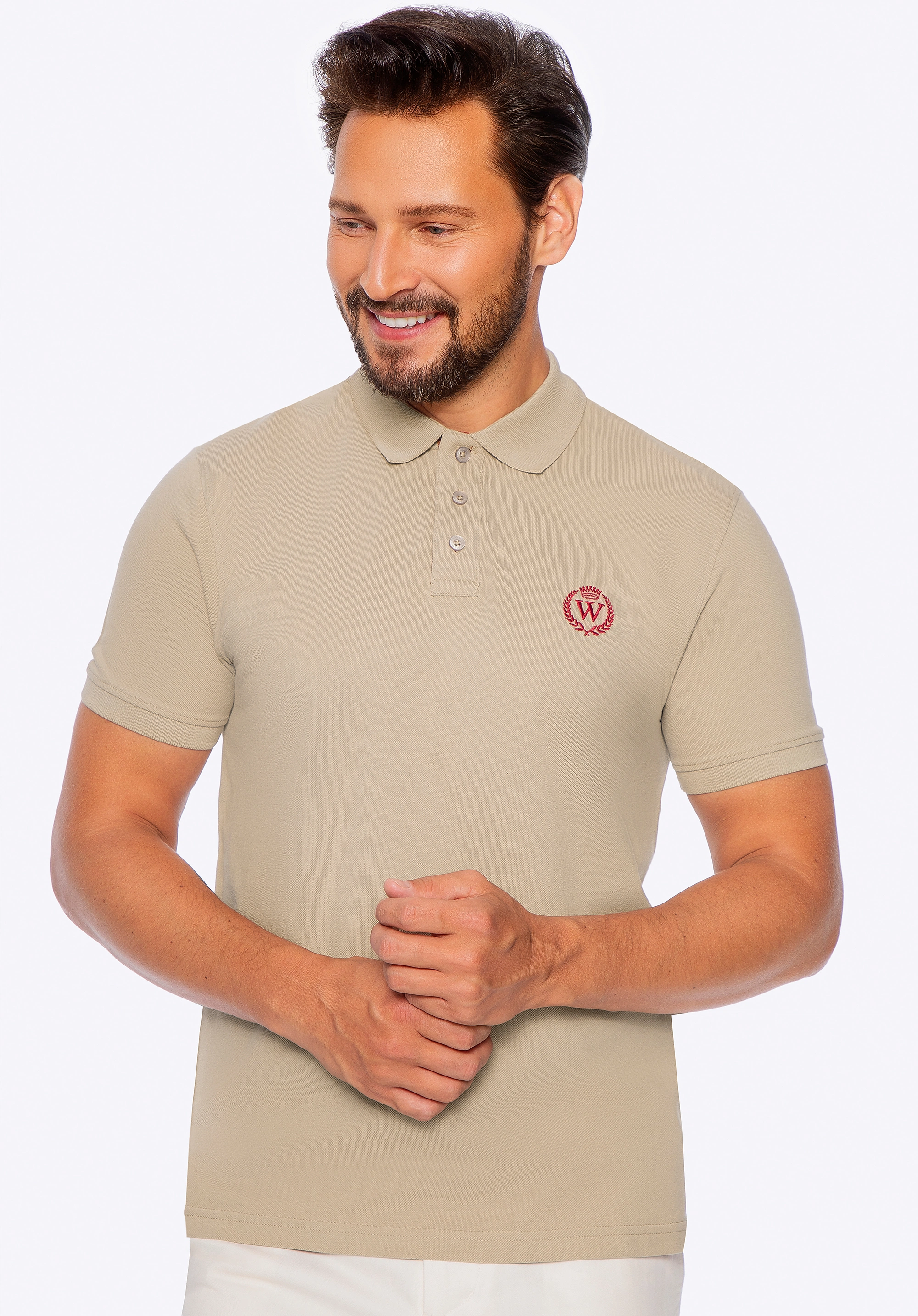 Koszulka polo męska bawełniana z kolorowym logo beżowa