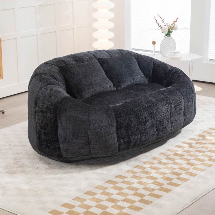 Divano a sacco a 2 posti LEMONBEST 150×95×63 cm - Ciniglia nera, memory foam