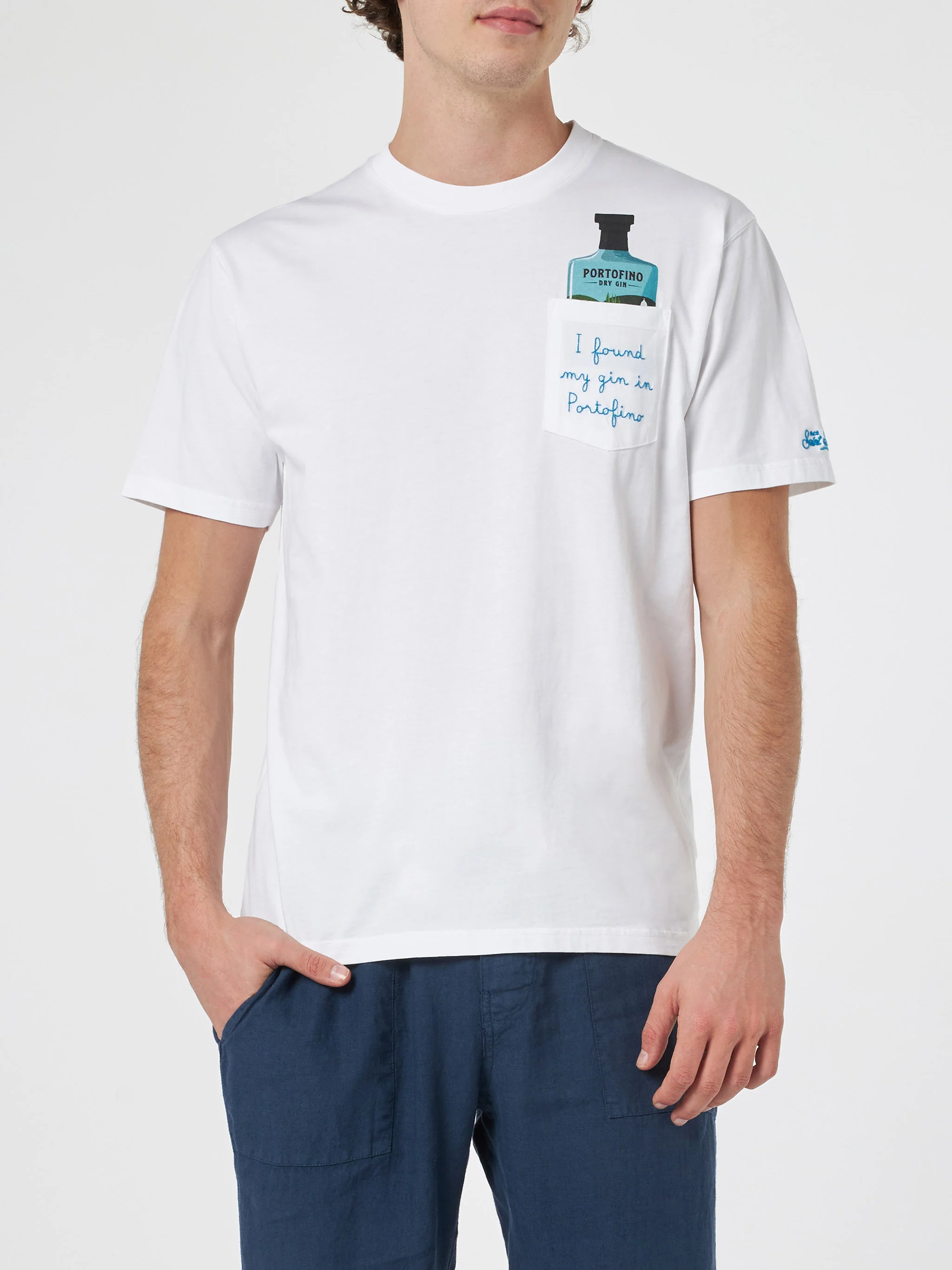 Austin T-shirt | Portofino Gin Bottle Special Edition Print | White Cotton Jersey | Embroidered I Found My Gin in Portofino | MC2 Saint Barth