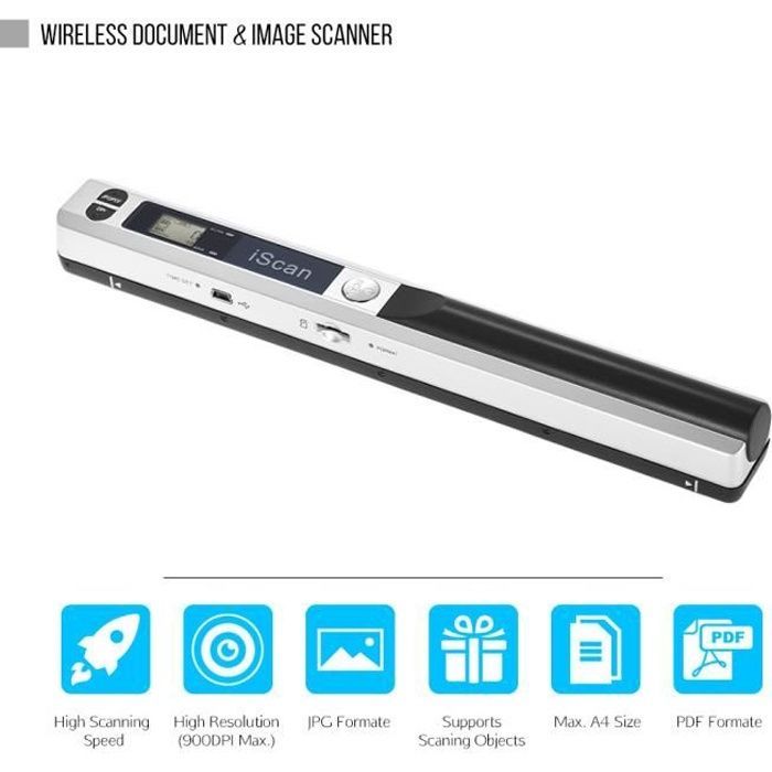 Scanner portatile wireless per documenti, formato A4 900 DPI, JPG/PDF, display LCD con borsa, ideale per ufficio e scuola, colore argento (CD)