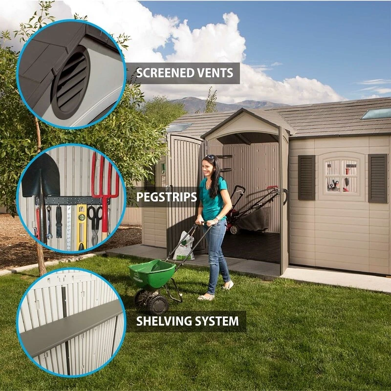 Galpão de armazenamento de plástico com entrada dupla, 4,57 m de largura x 2,44 m de profundidade.