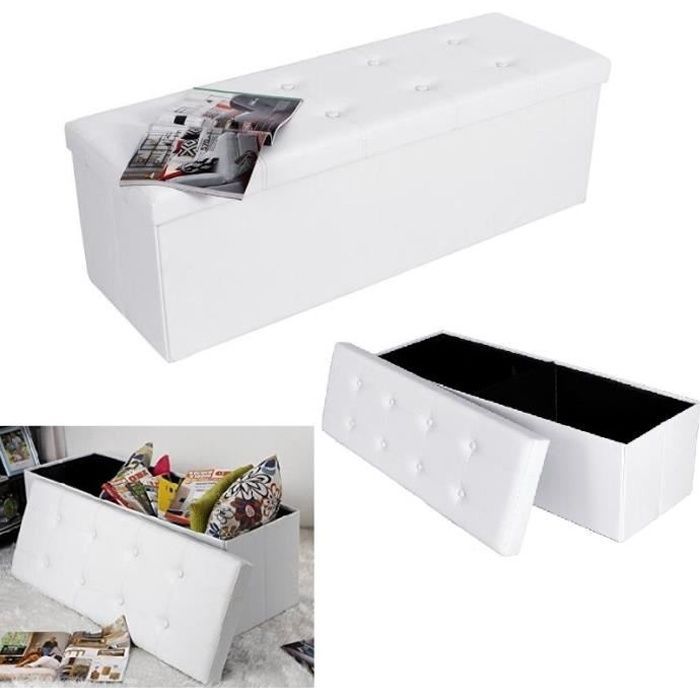 Canapé Pouf avec coffre de rangement - TEENO® - Blanc - Simili cuir - 110 x 38 x 38 cm