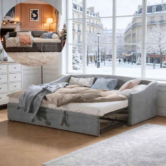 Sofá convertible de 90x200 cm - Terciopelo gris - Mecanismo hidráulico - 2 plazas - Capacidad de carga de 300 kg