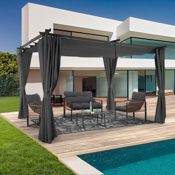 IDMARKET Pergola édition limitée toit rétractable 3x4 M et 4 rideaux gris anthracite