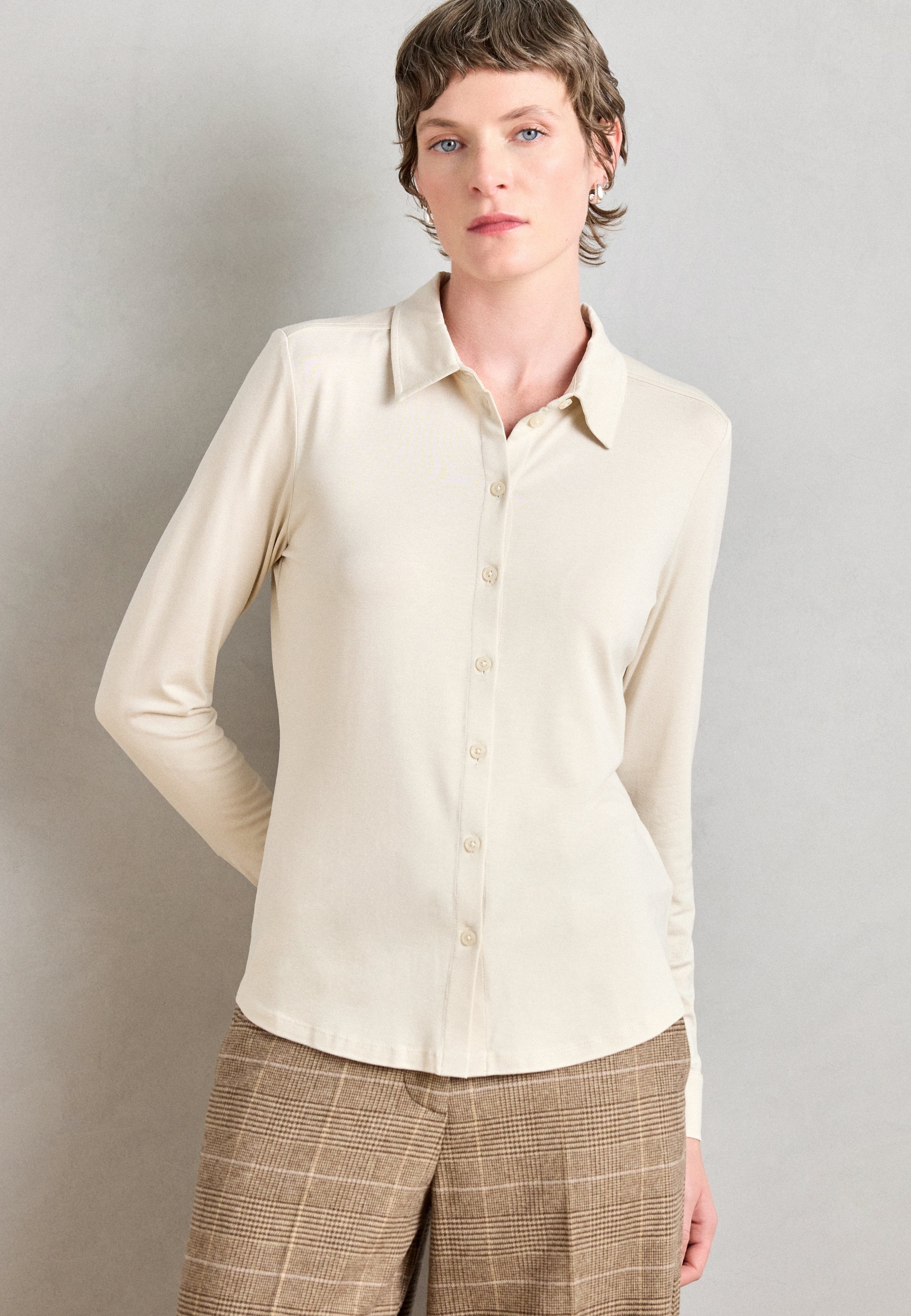 Marc O'Polo blouse met lange mouwen, kraag en knoopsluiting - Blouse met knoopsluiting - natuursteen