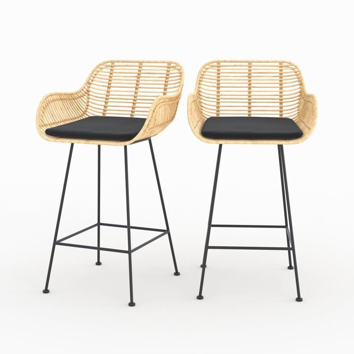 Juego de 2 sillas Pops de 66 cm para isla de cocina, de ratán y tela negra - Rendez-Vous Déco