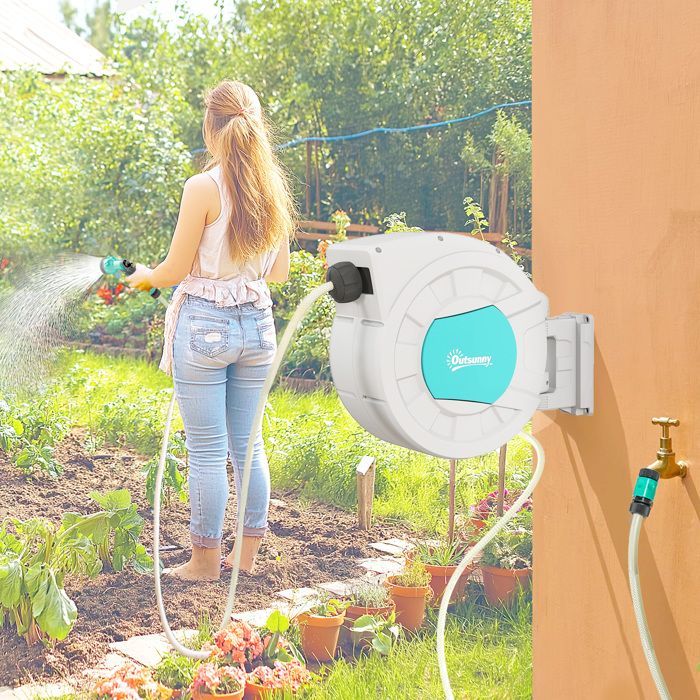 Outsunny Garden Hose Reel - 35+2 m - Wall Mount + Handle - 180° Swivel - 7 Spray Patterns - Light Grey