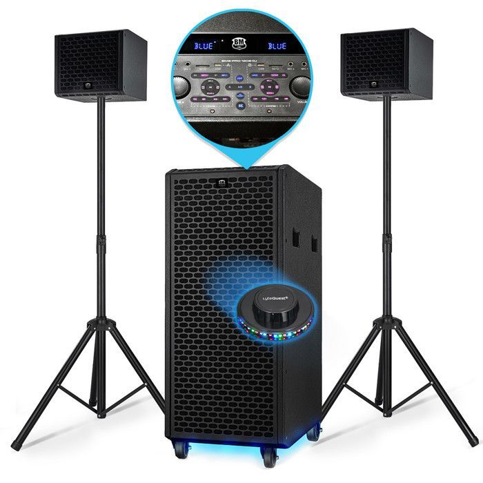 Pacchetto SONO completo BM SONIC BMS-PRO1208-DJ SUB AMPLIFICATO DA 2000 W 700 W RMS + 2x SAT 150 W, 2x Bluetooth, 2x USB, AUX ottico FM, LED