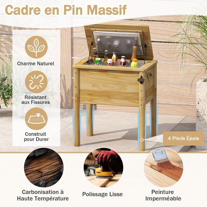 GIANTEX 51 L Seau à Glaçons Extérieur en Bois, pour Fête, Jardin, Bord de Piscine, Terrasse, 67 x 47 x 74 cm
