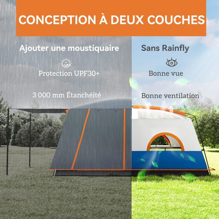 Kampeertent - Outsunny - voor 4-5 personen - waterdicht - deuren + ramen - draagtas - 4,3 x 3 x 1,95 m blauw