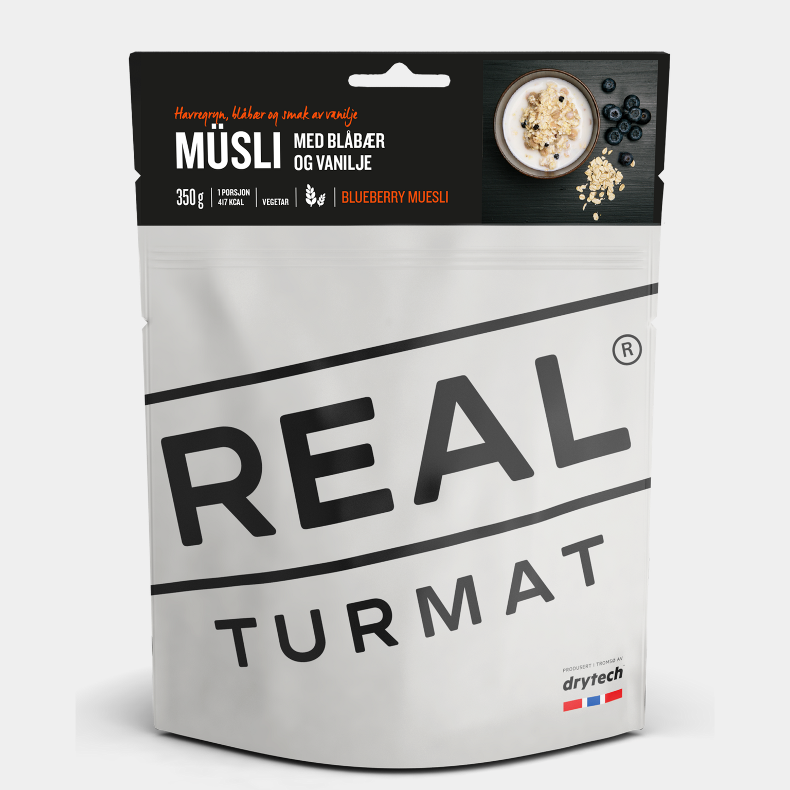  Muesli met bosbessen en vanille, een maaltijd voor toeristen.