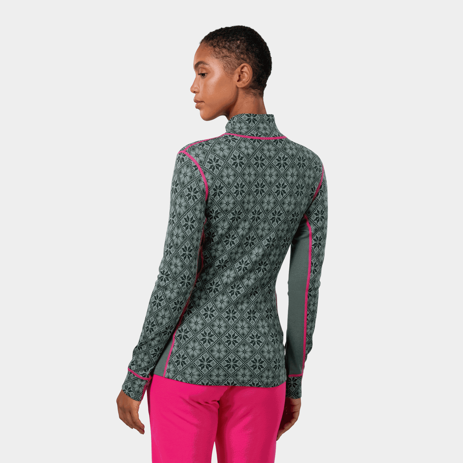  Roze wollen trui voor dames, met halve ritssluiting.