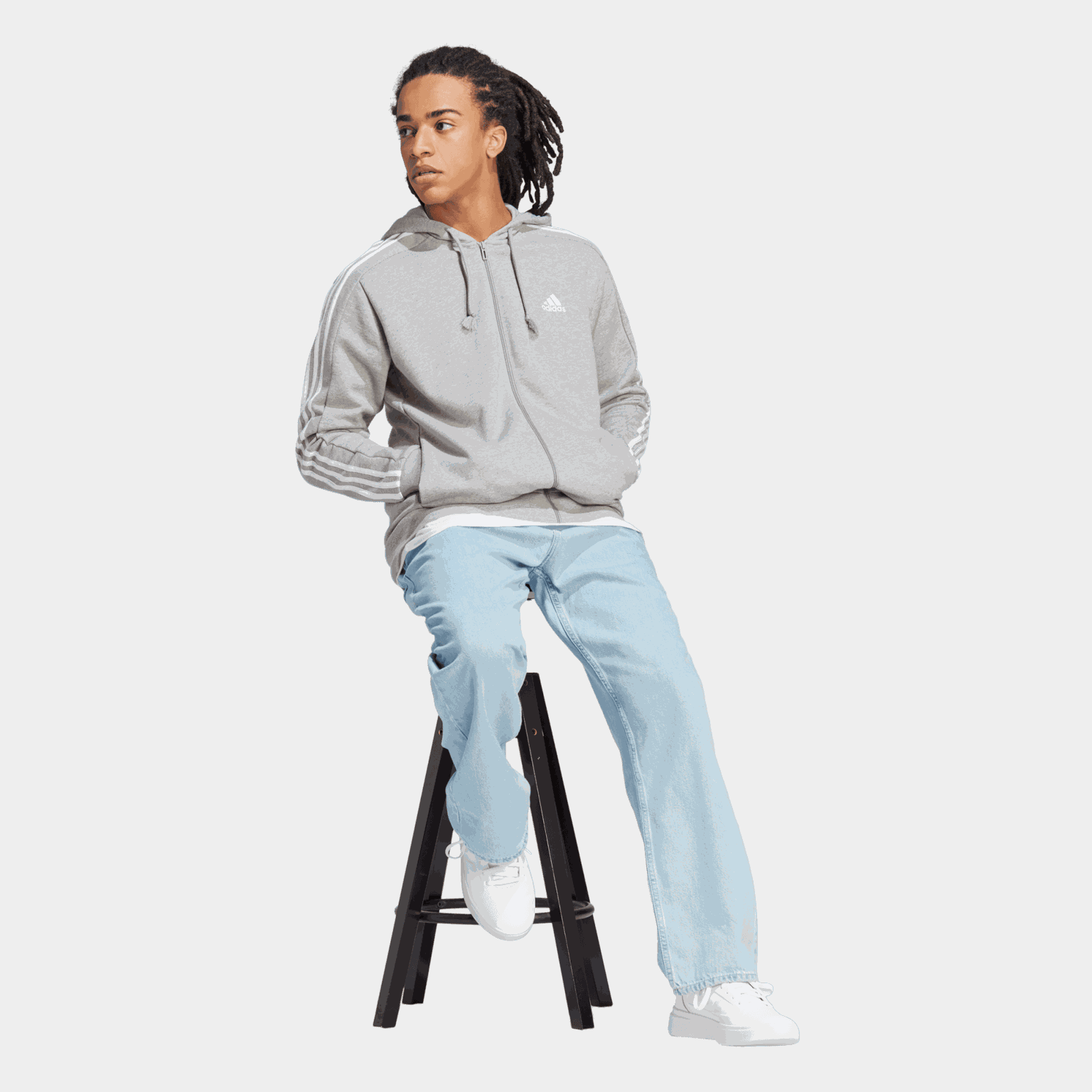 French Terry 3-Stripes Full-Zip Hoodie, hettjakke, herre - Grå