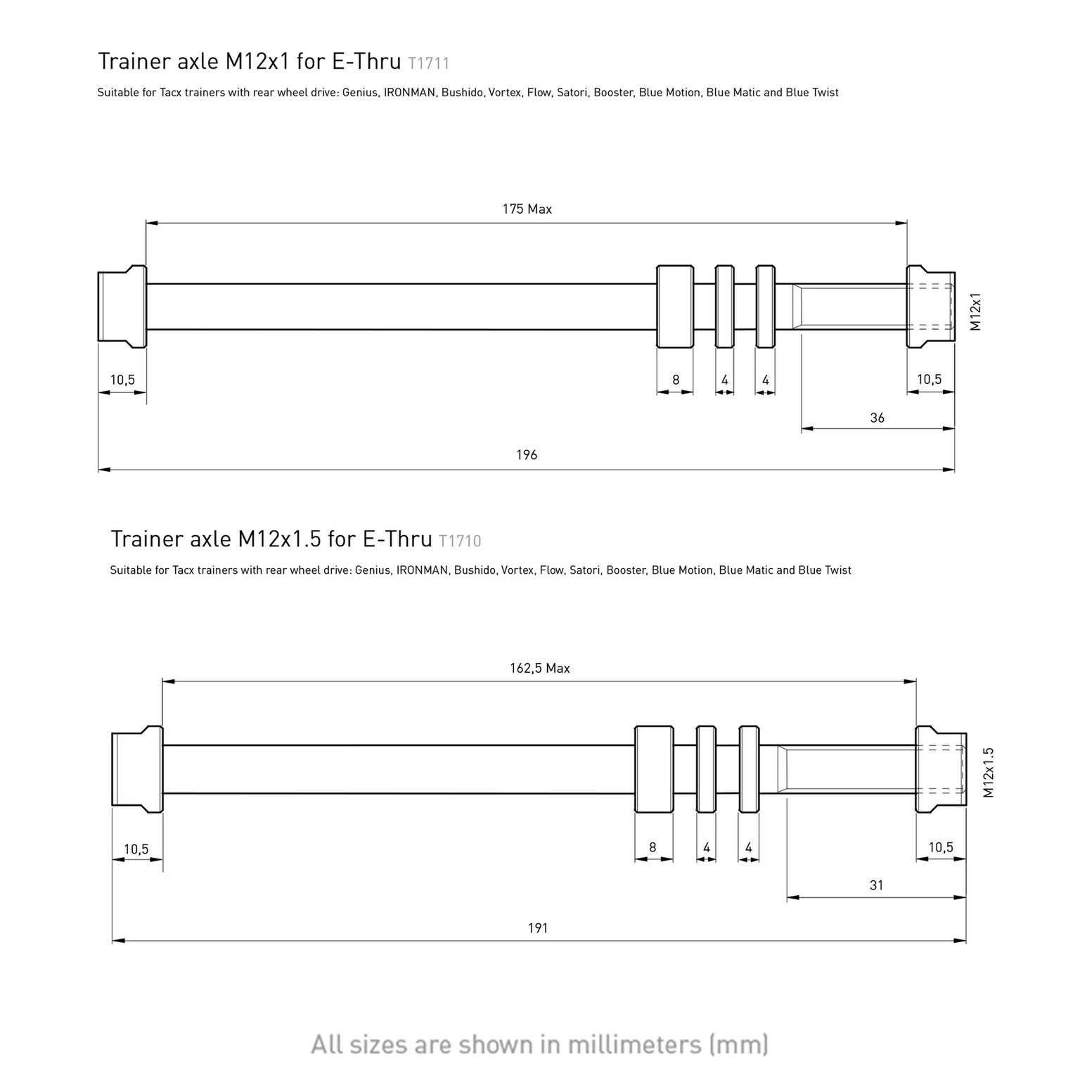Tacx, E-Thru axle skewer 10 mm rear wheel, sykkelrulleaksling - Svart