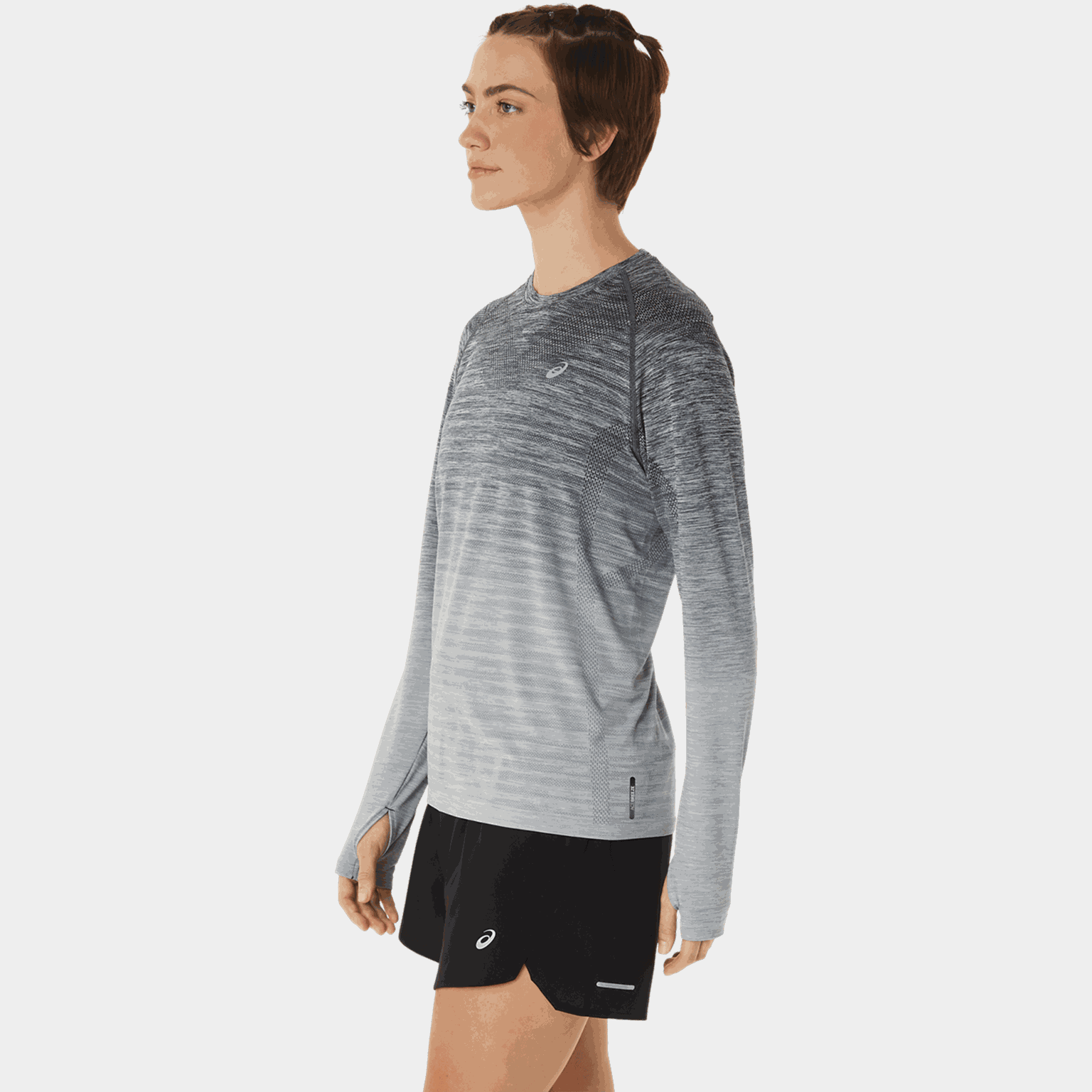  Camiseta feminina de manga comprida sem costura, ideal para treinos - cinza