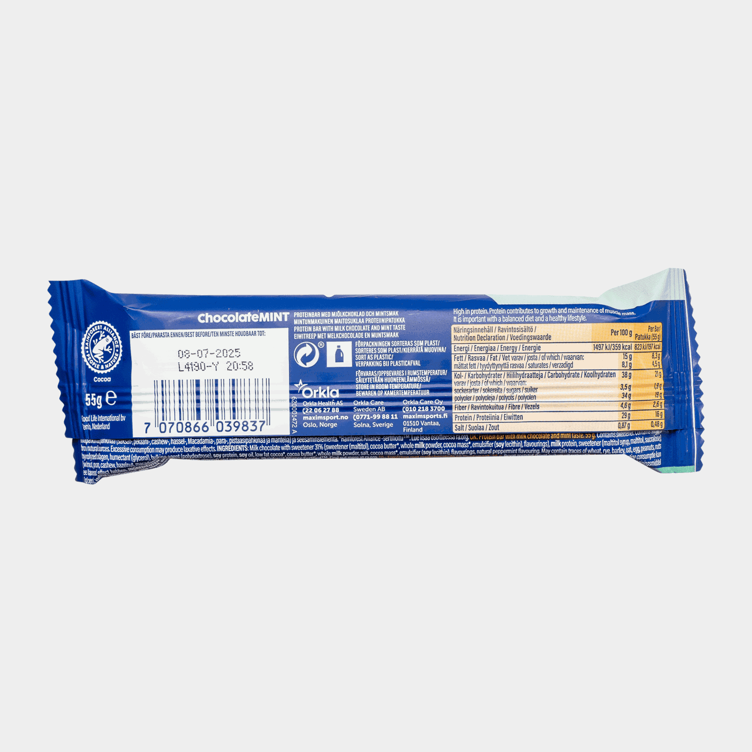 Puha fehérjeszelet csokoládé és menta ízzel, 2 oz.
