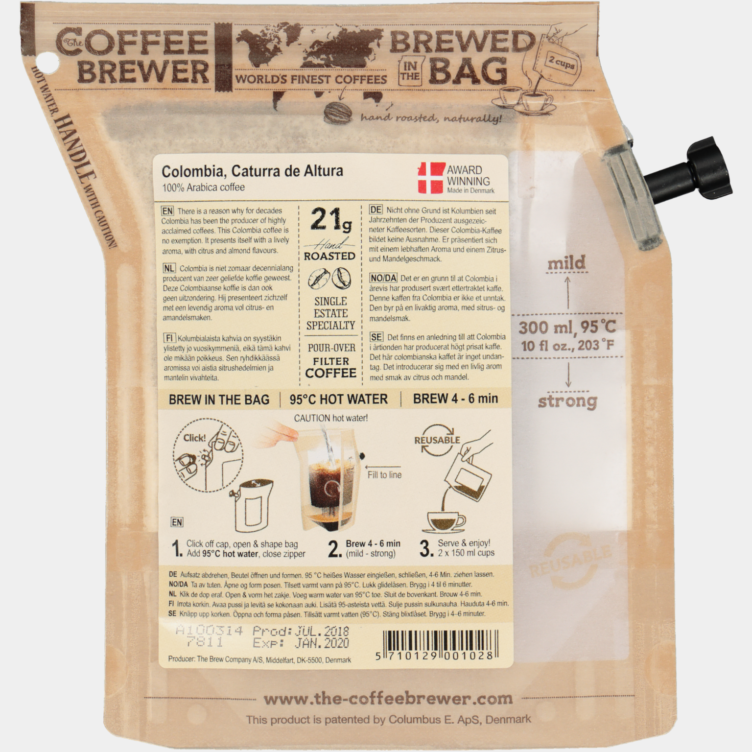 Caffè colombiano, 2 tazze, intensità media, tostatura medio-scura, formato da viaggio – Marrone