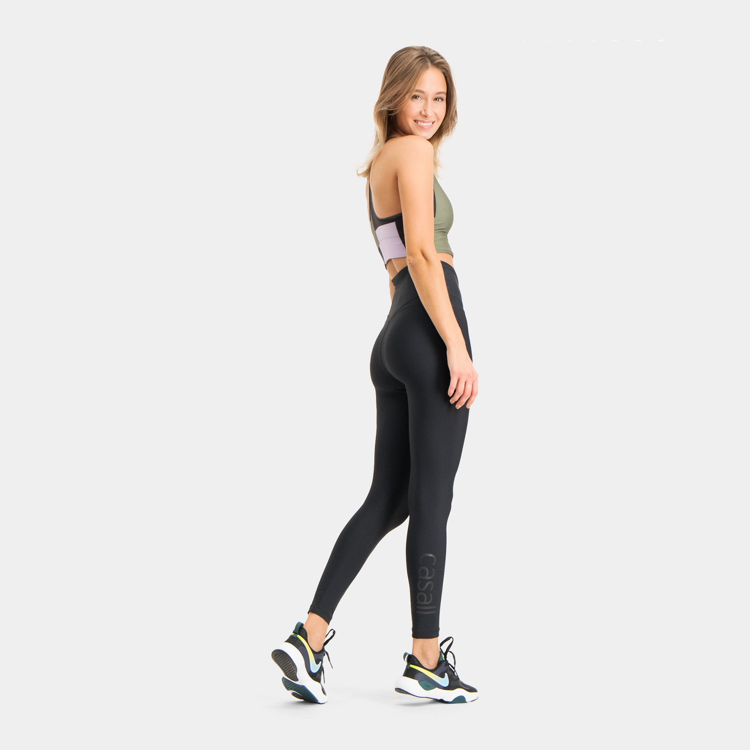 Legginsy z wysokim stanem i nadrukiem graficznym, legginsy sportowe damskie – czarne