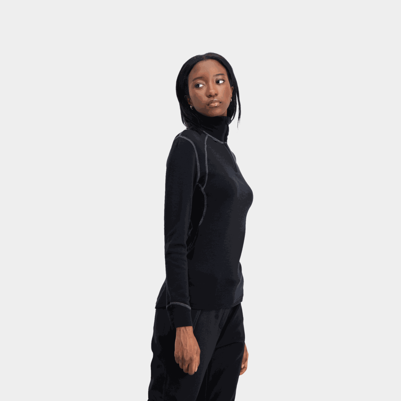  Pull thermique à col roulé zippé, pull en laine pour femme – noir