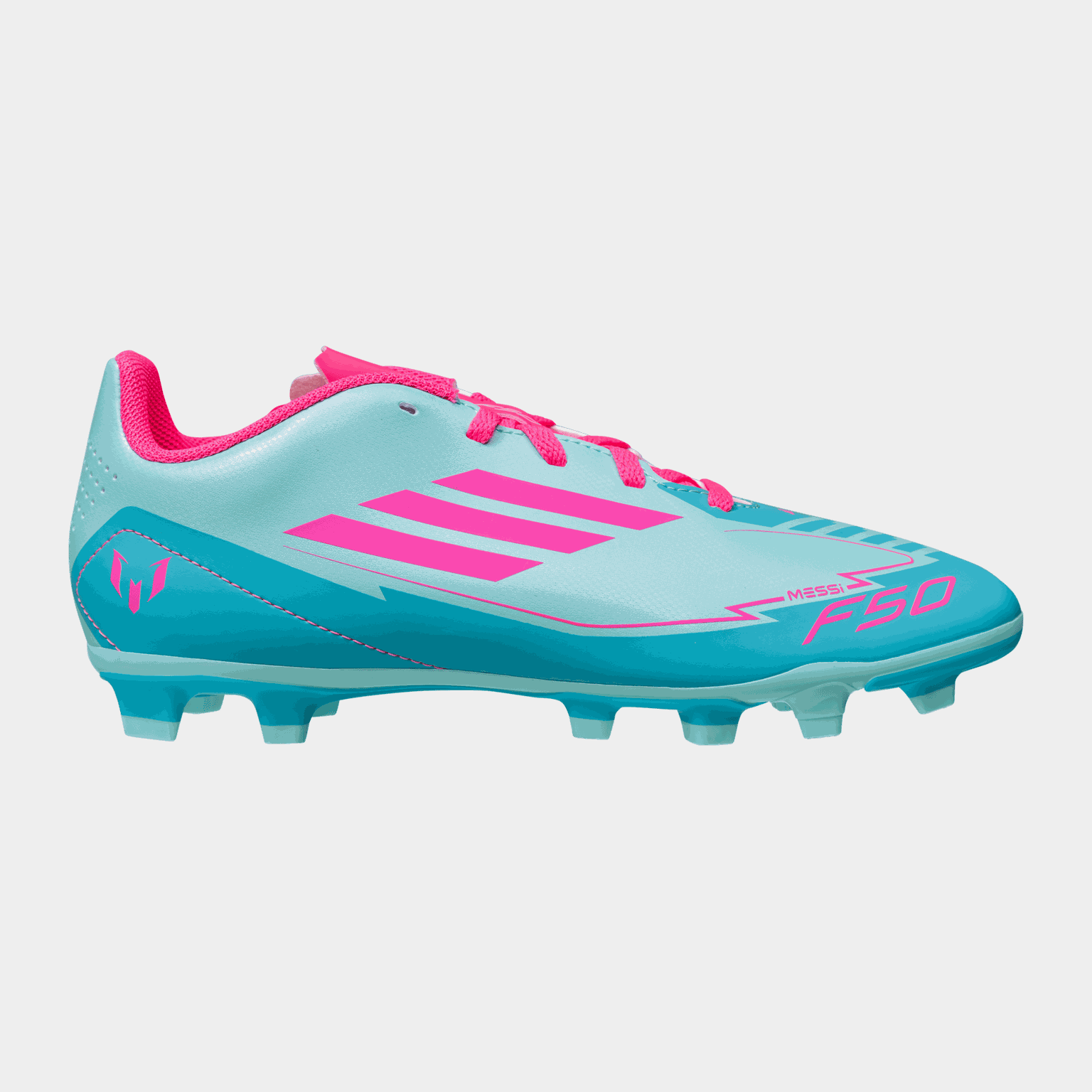 Dziecięce buty piłkarskie Messi F50 Club FxG, przeznaczone do gry na trawie naturalnej i sztucznej.