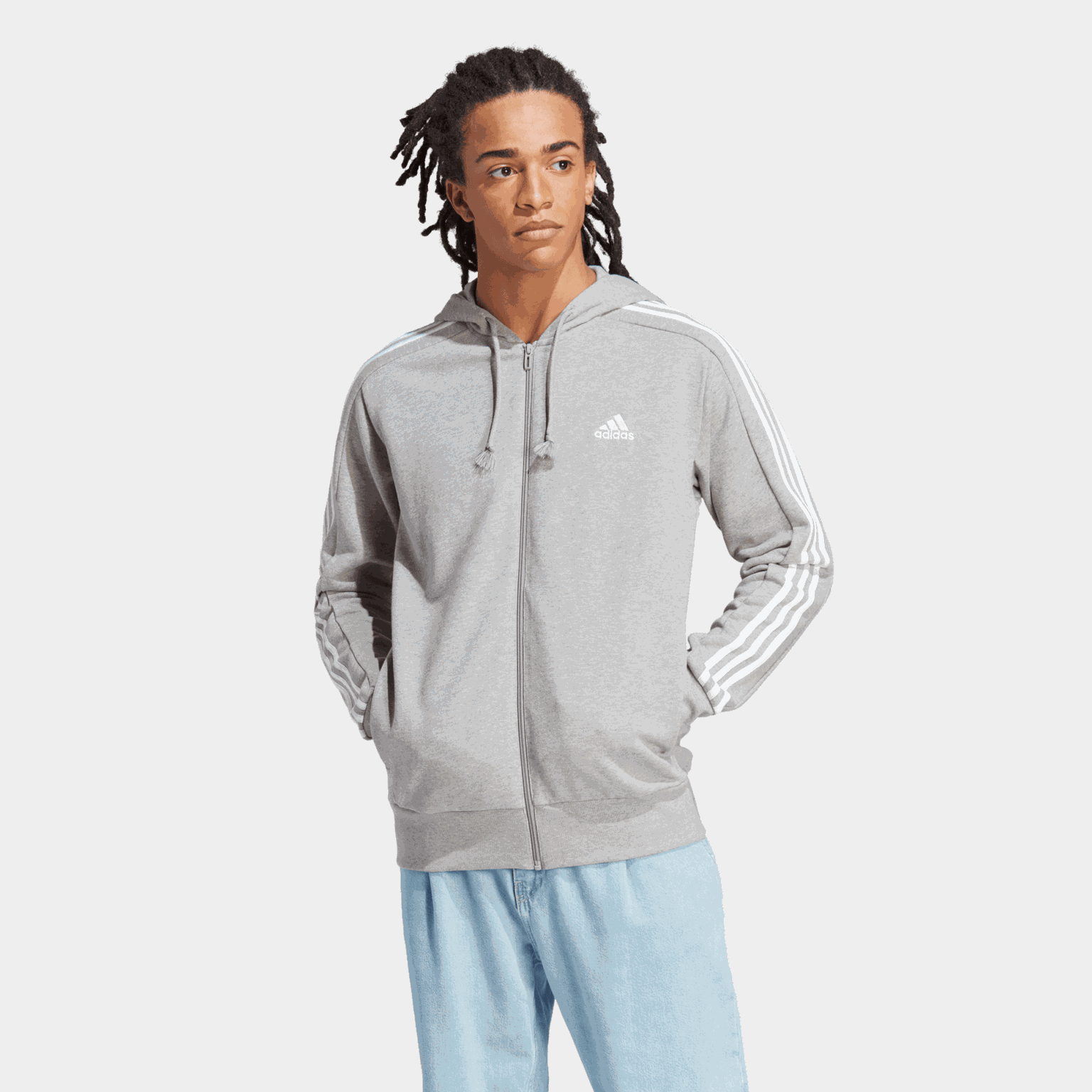 French Terry 3-Stripes Full-Zip Hoodie, hettjakke, herre - Grå