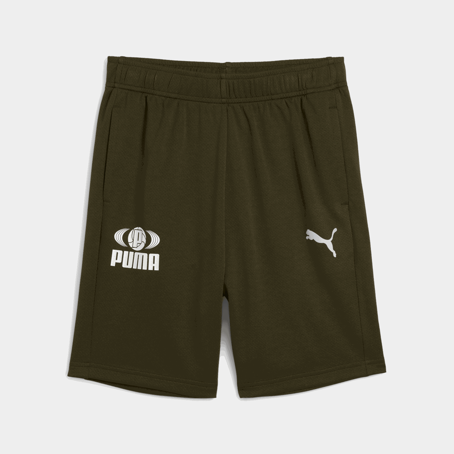 Calça de treino infantil em poliéster, cor verde.