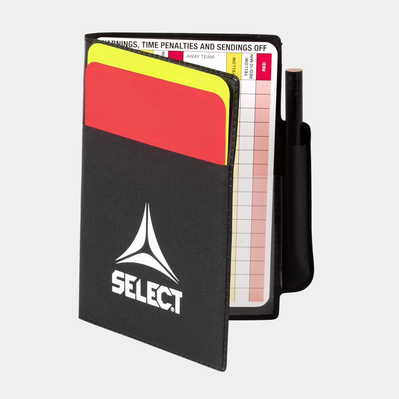  Een set scheidsrechterskaarten, waaronder geel/rode en meerkleurige kaarten.