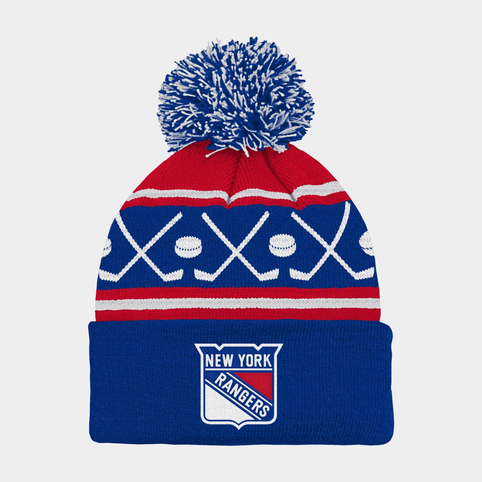  Rangers Faceoff gebreide muts met pompon – Maat 24/25 – Unisex fanmuts – Meerkleurig