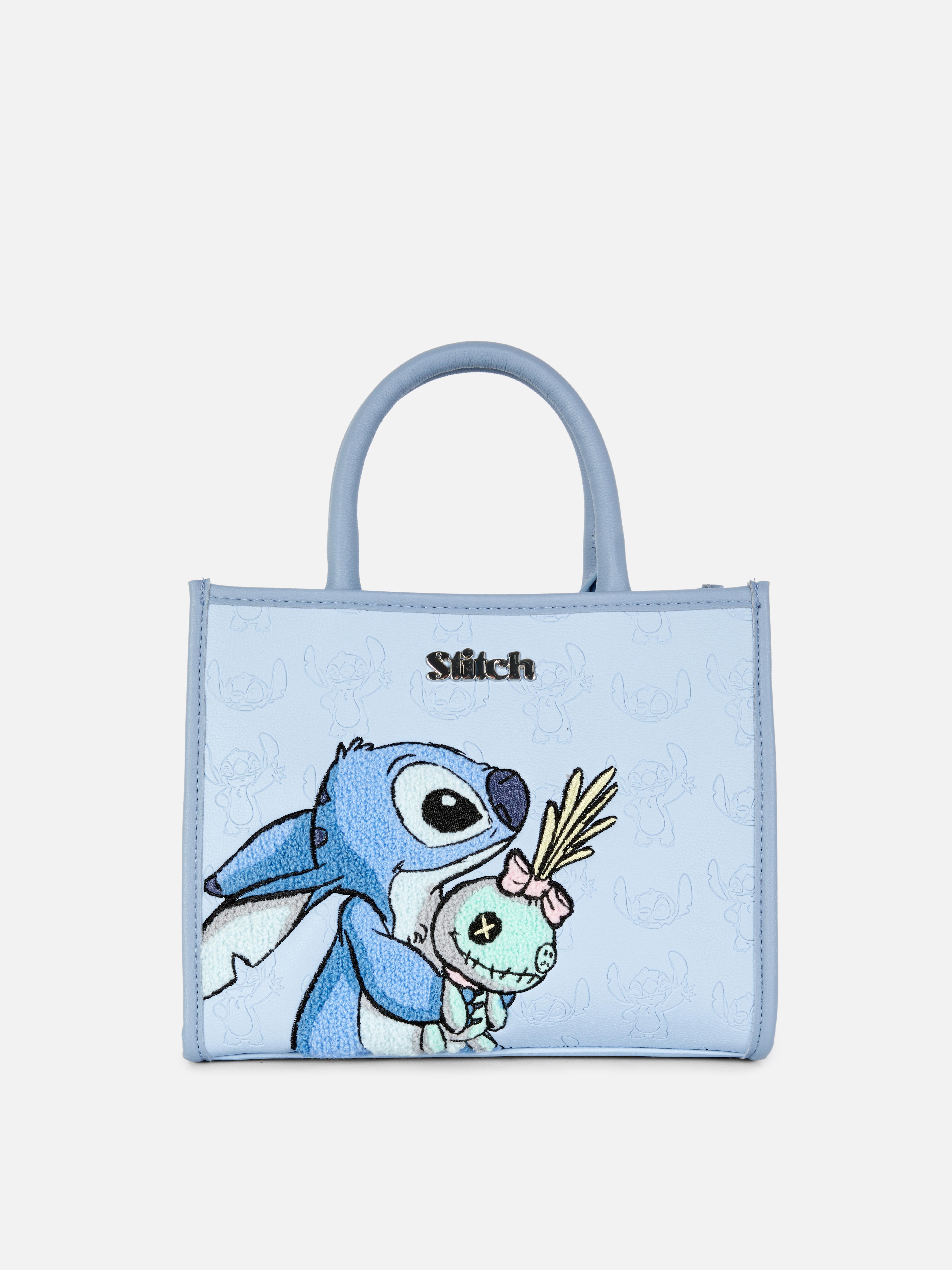Disney Stitch Schultertasche: Eine blaue Tragetasche mit abnehmbarem Schultergurt und Stitch- und Scrum-Motiv.