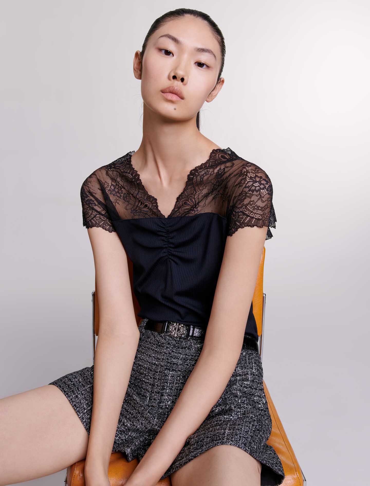 Gebreide top met kantdetails - Zwart